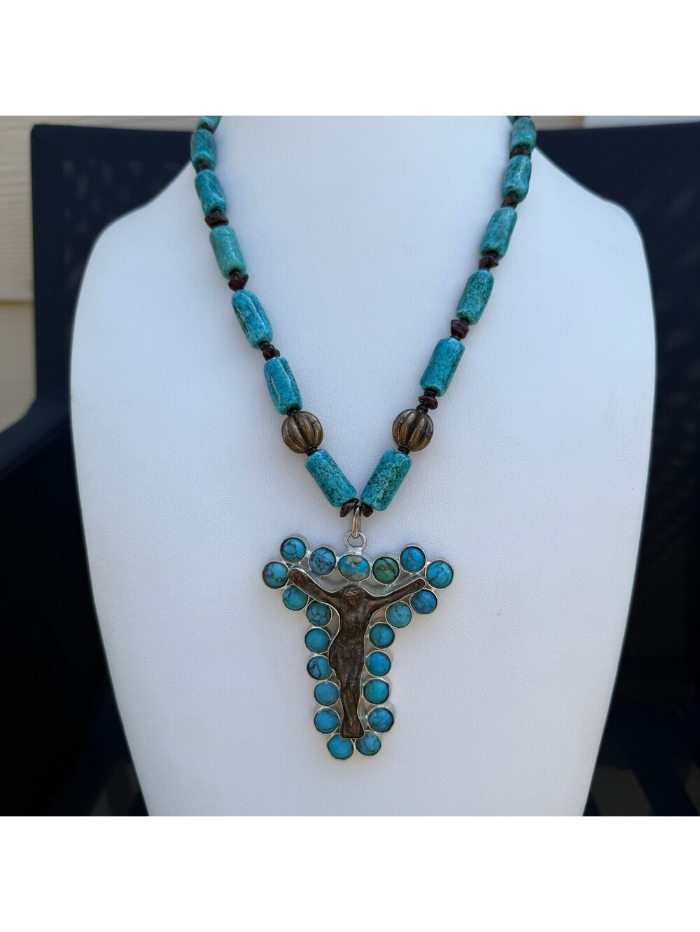 Handmade Turquoise & Garnet Crucifix Necklace